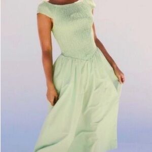 NWOT Free People Ceci Green Smocked On-Off Shoulder Midi Dress